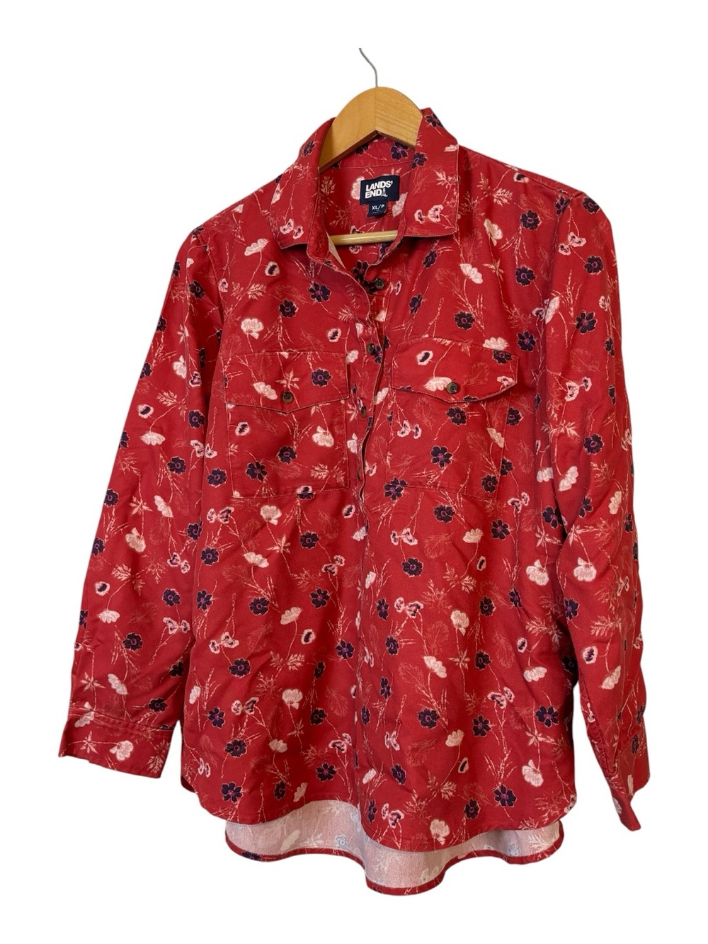 Lands' End floral button front popover collared blouse top petite size XL/P (18)
